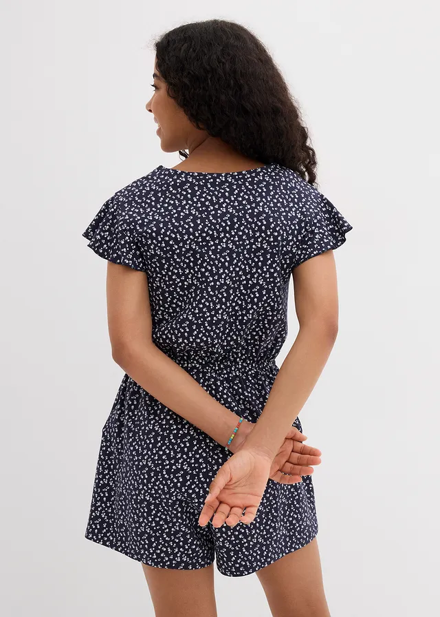 Jersey jumpsuit van elastische katoenmix, Kleur: donkerblauw gebloemd