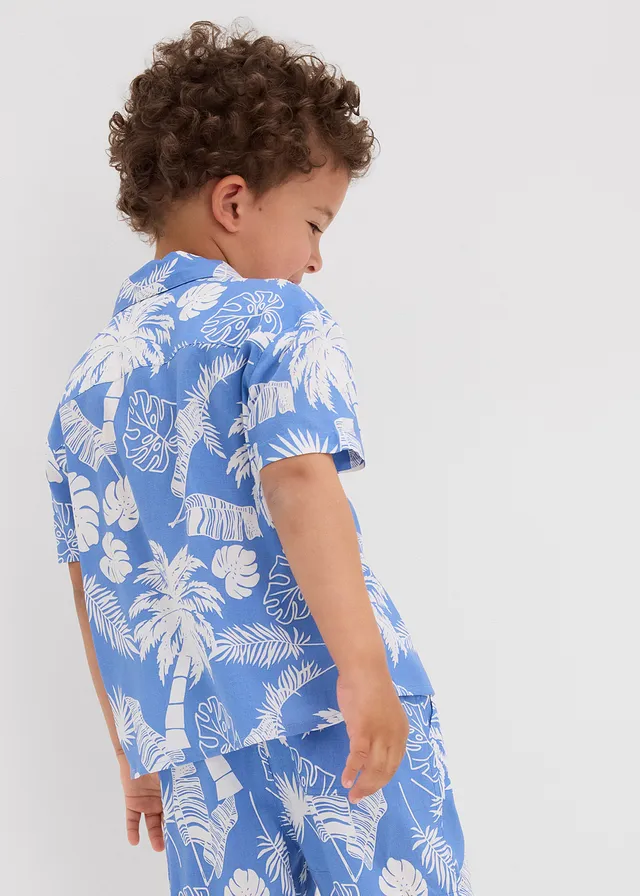 Chemise manches courtes en viscose douce, Couleur: bleu ciel/écru imprimé