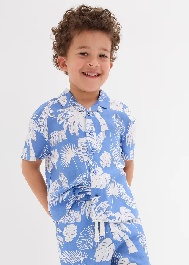 Chemise manches courtes en viscose douce, Couleur: bleu ciel/écru imprimé