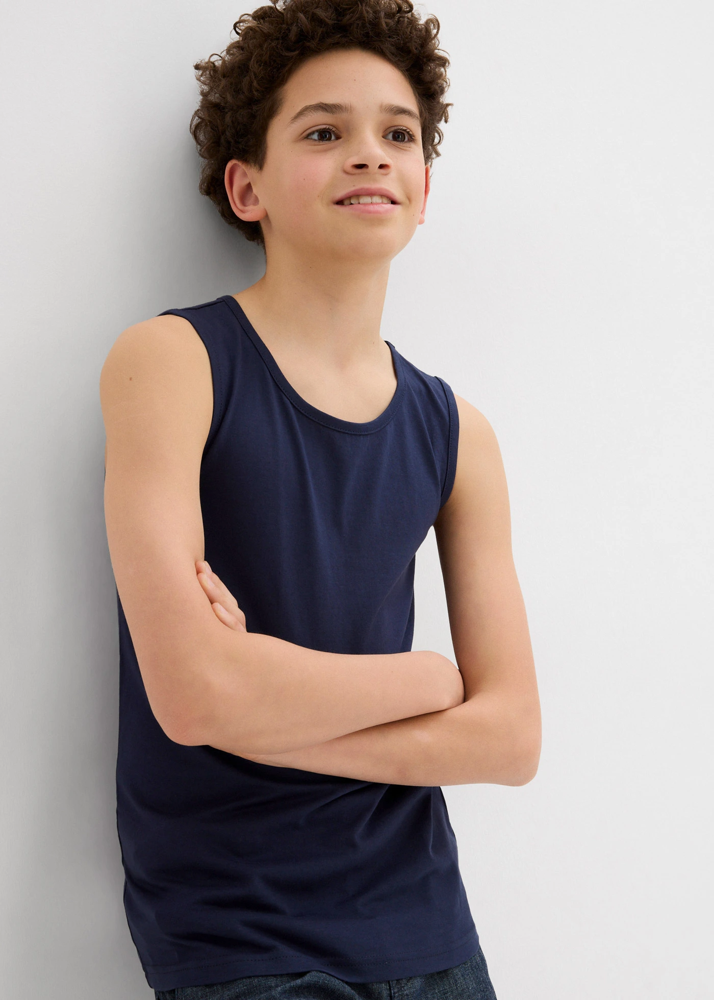 Lot de 3 débardeurs coton • bleu foncé+blanc+gris clair chiné • Boutique bonprix