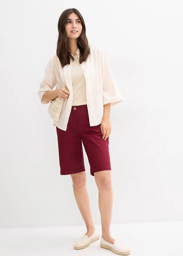 Katoenen papertouch bermuda met comfortband, Kleur: esdoornrood