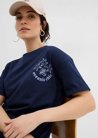 Boxy shirt van puur katoen • donkerblauw met print • bonprix online shop