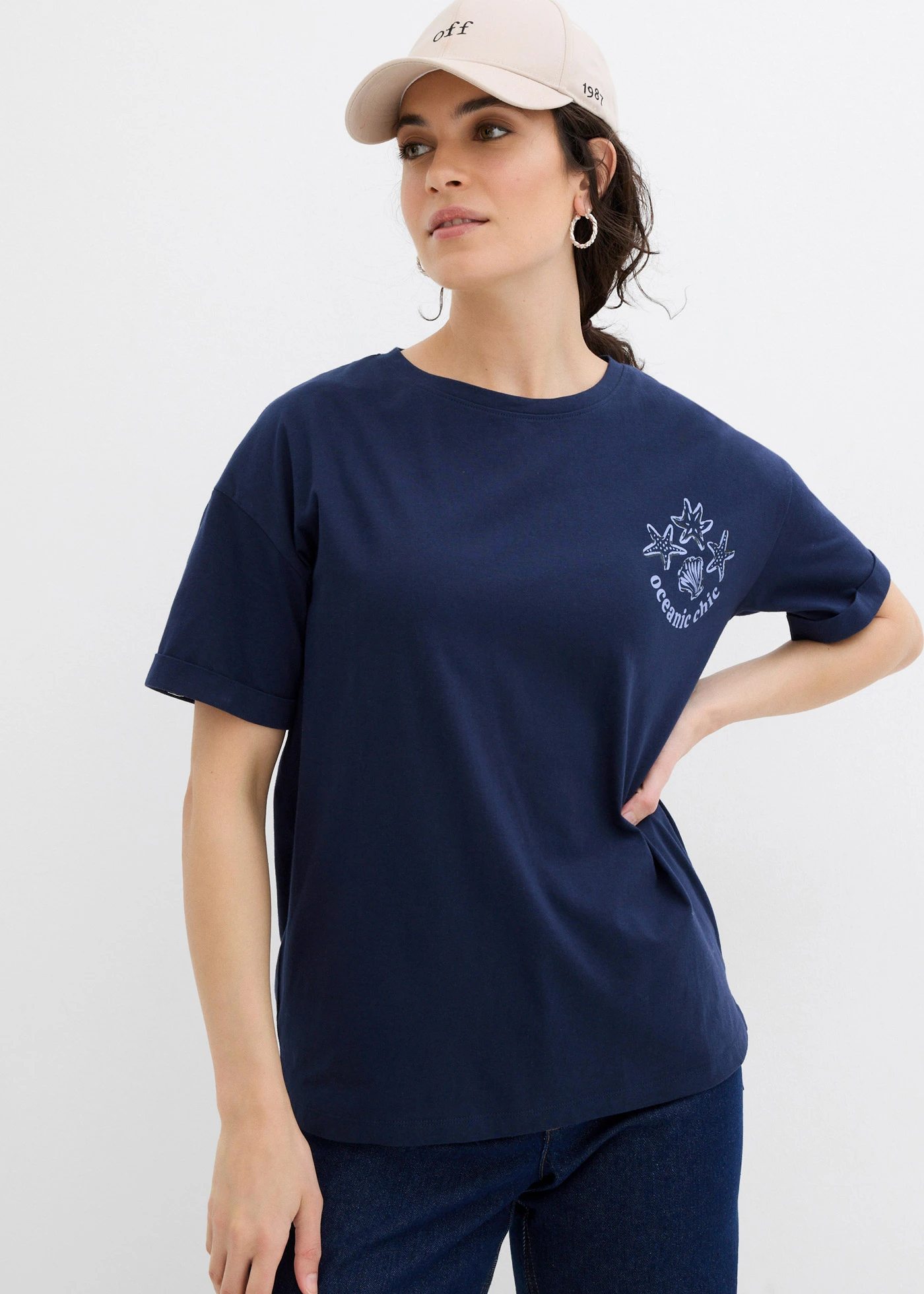 Boxy shirt van puur katoen • donkerblauw met print • bonprix online shop