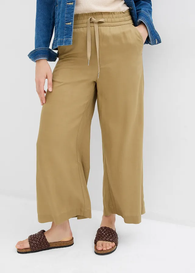 Pantalon 7/8 en Lyocell à taille élastiquée, Couleur: olive clair