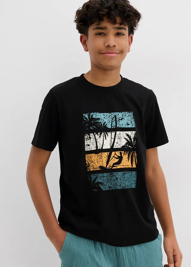 T-shirt, Kleur: zwart-pepergroen-mineraalblauw-lichtgeel-honingkleur met print