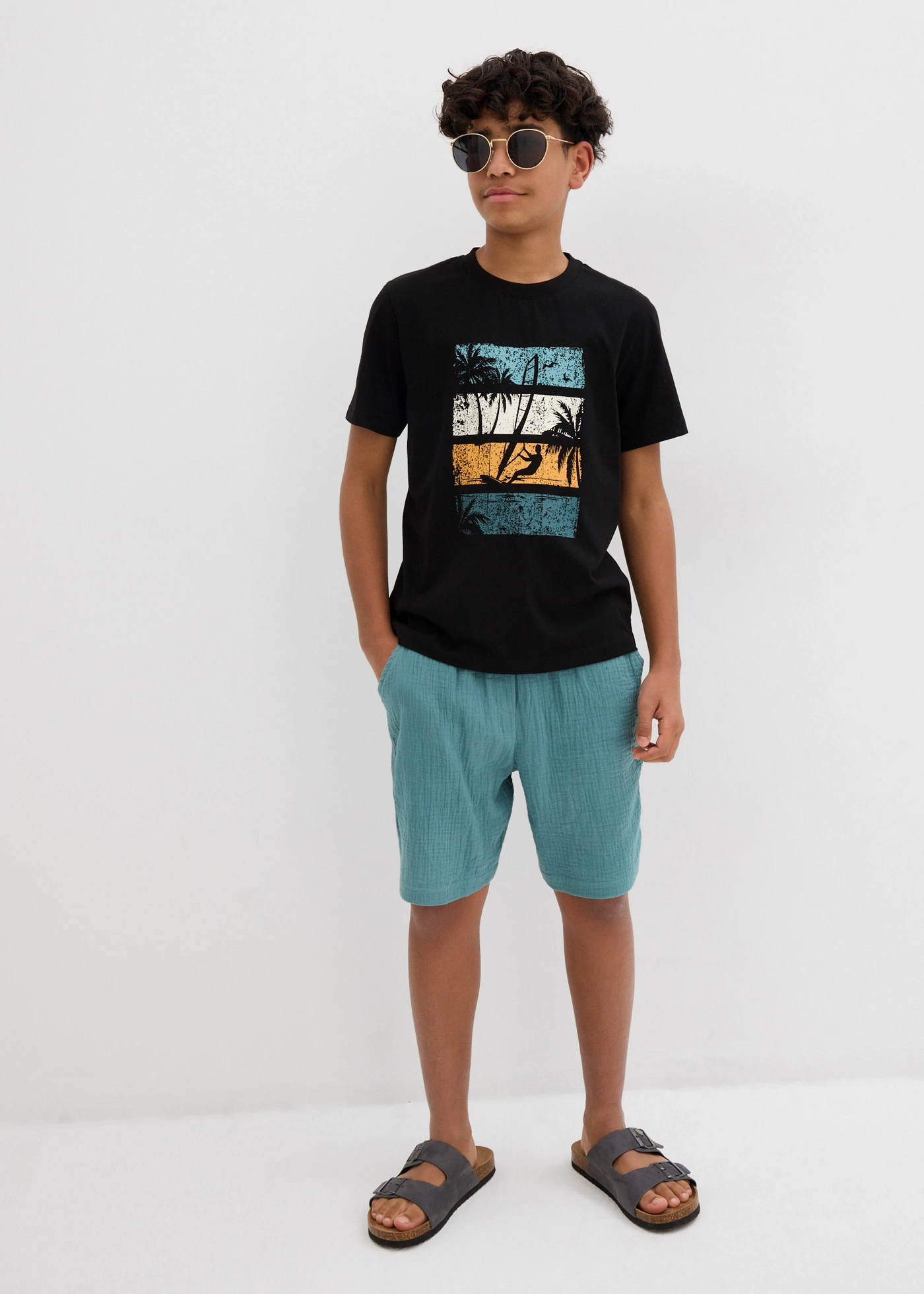 T-shirt • zwart-pepergroen-mineraalblauw-lichtgeel-honingkleur met print • bonprix online shop