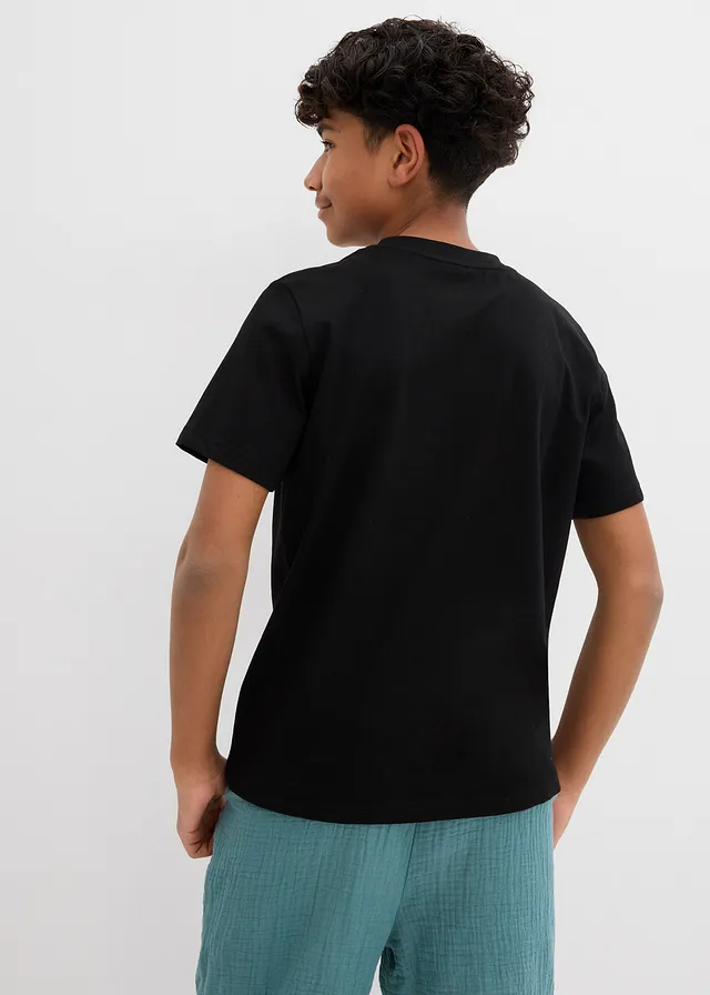 T-shirt, Kleur: zwart-pepergroen-mineraalblauw-lichtgeel-honingkleur met print