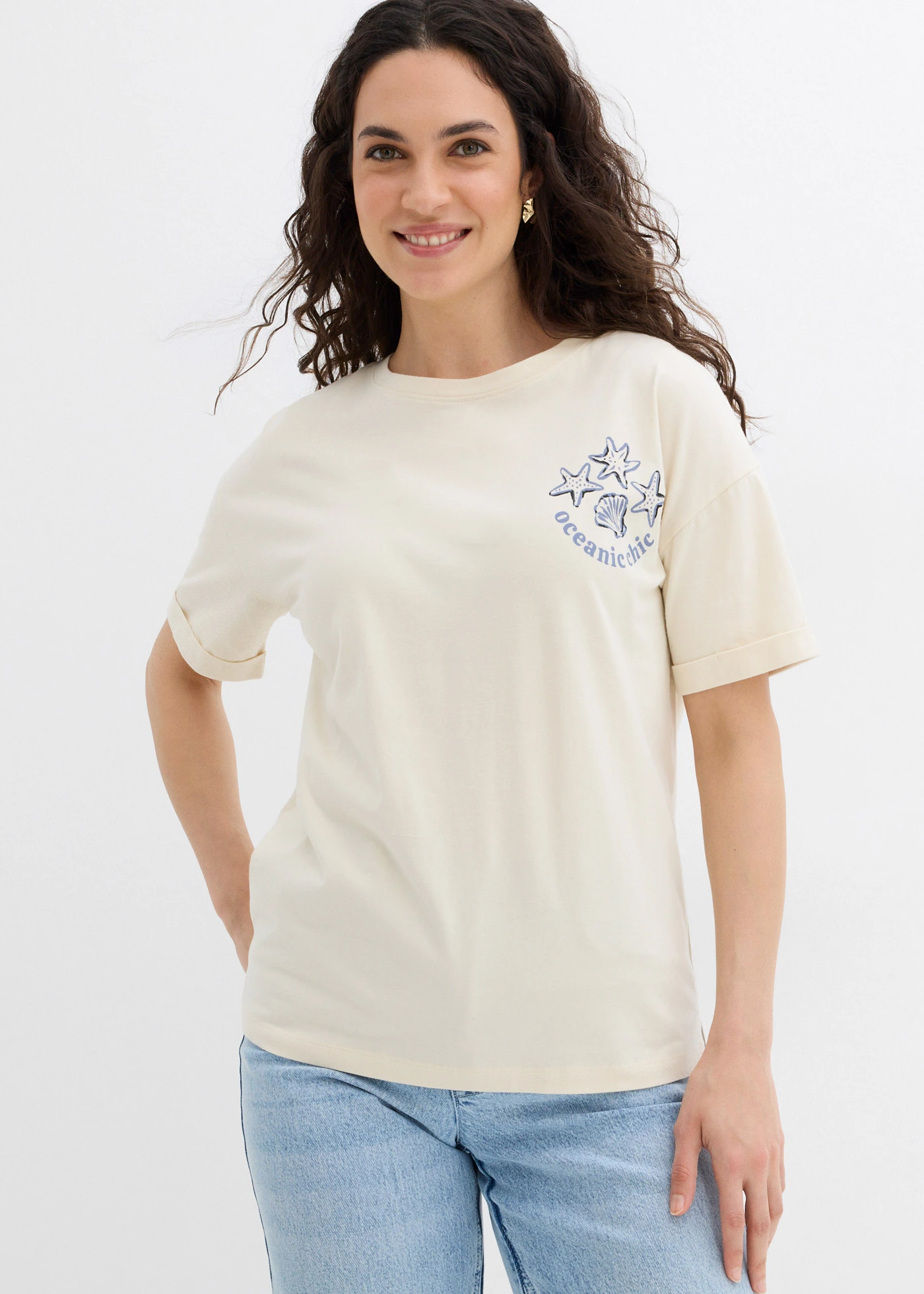 Boxy shirt van puur katoen • beige-mat blauw-zwart • bonprix online shop