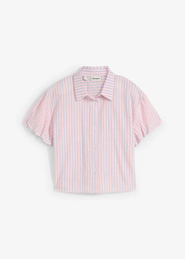 Blouse à manches courtes 100% coton, Couleur: rose bonbon/bleu clair rayé