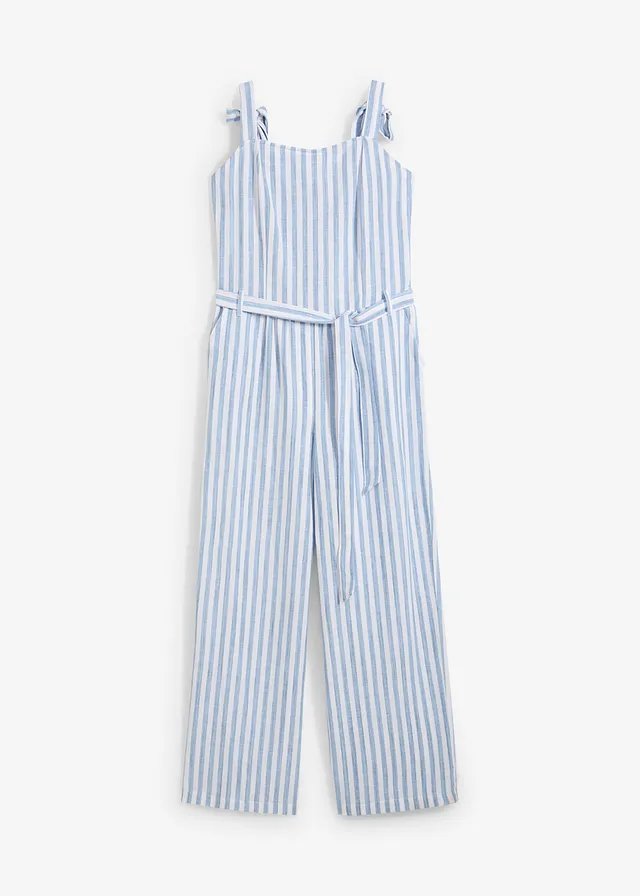 Jumpsuit van een katoen-linnenmix, Kleur: blauw-wit verticaal gestreept