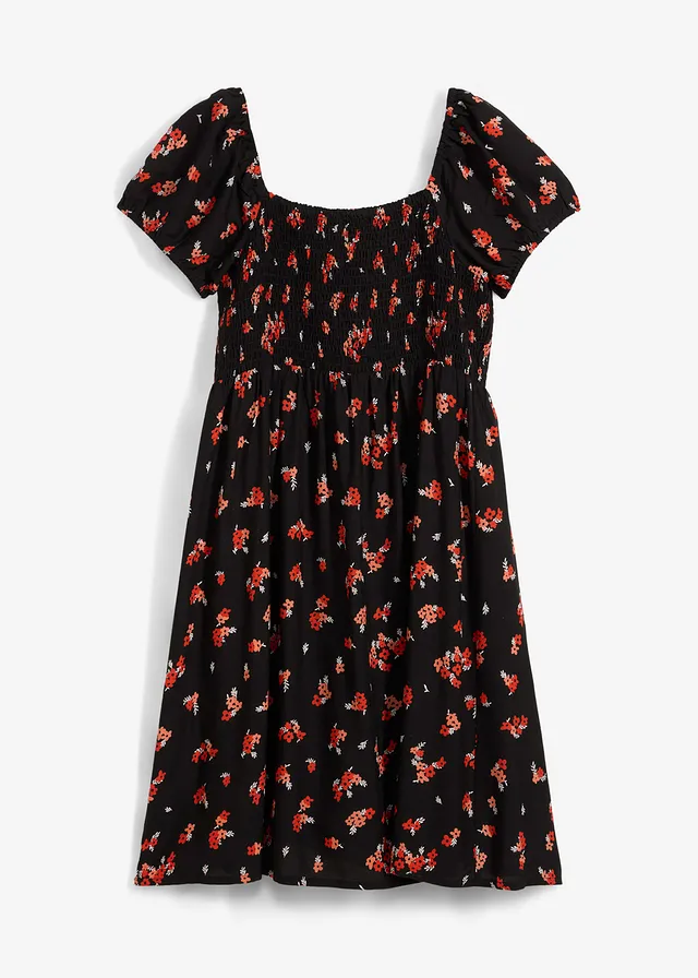 Robe courte en viscose fluide, Couleur: noir/blanc/orange foncé imprimé