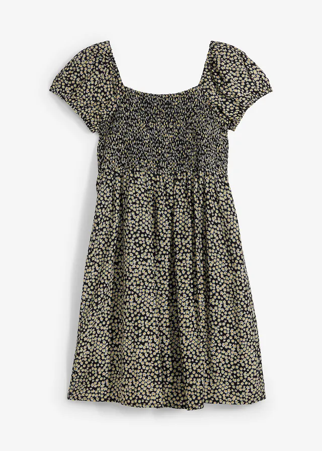 Robe courte en viscose fluide, Couleur: noir/blanc/jaune jonquille imprimé