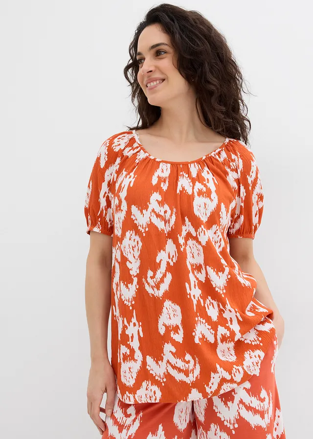 Tuniek van gestructureerde viscose, Kleur: kaneelrood-wolwit