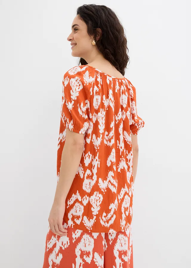 Tuniek van gestructureerde viscose, Kleur: kaneelrood-wolwit