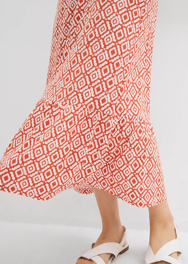 Jersey jurk van viscosemix • kaneelrood-wolwit gedessineerd • product-page.page-title-suffix