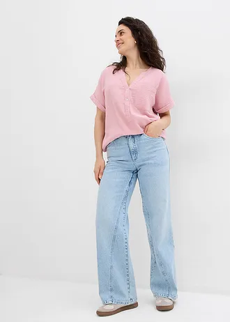 Mousseline blouse met knoopsluiting en zak, Kleur: asroze