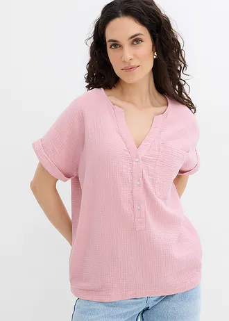 Mousseline blouse met knoopsluiting en zak, Kleur: asroze