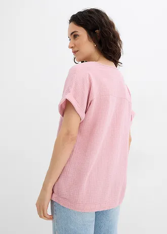 Mousseline blouse met knoopsluiting en zak, Kleur: asroze