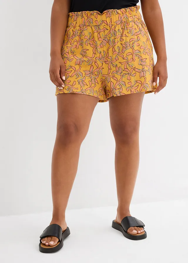 Short en coton et viscose, Couleur: miel/mandarine mat à fleurs