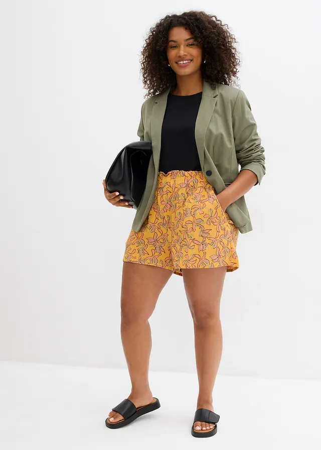 Short en coton et viscose, Couleur: miel/mandarine mat à fleurs