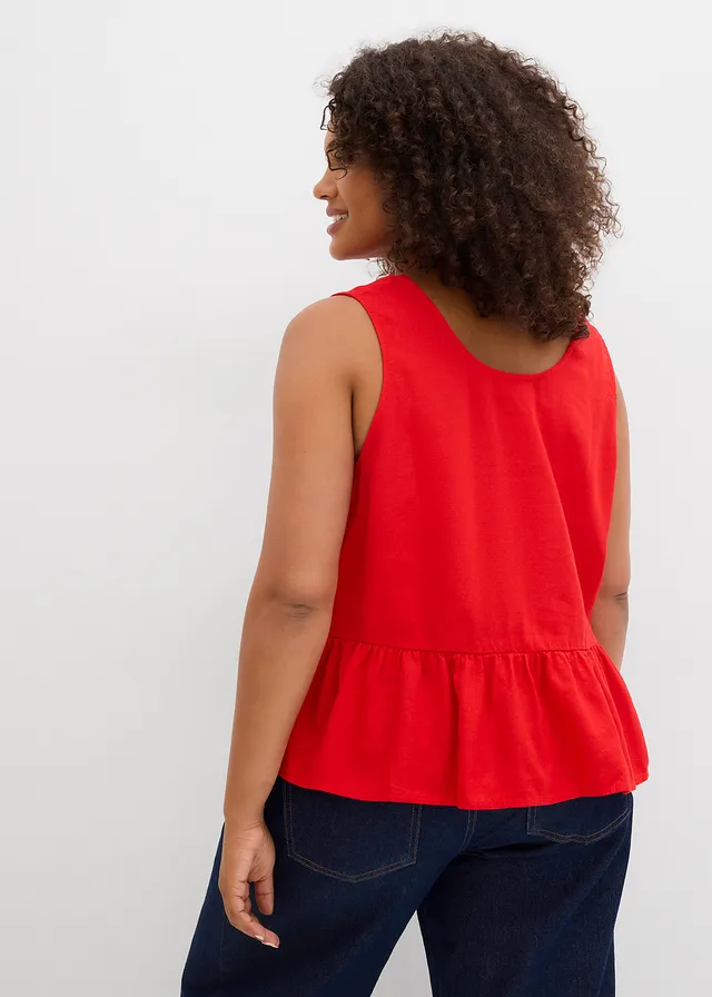 Blouse in een luchtige linnenmix, Kleur: aardbeirood