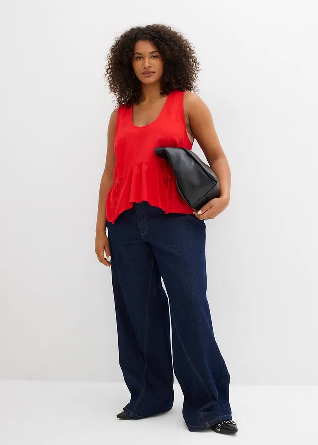 Blouse in een luchtige linnenmix, Kleur: aardbeirood