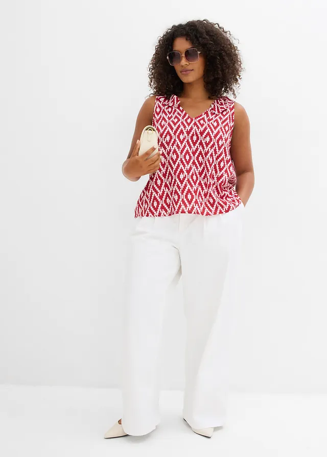 Blouse sans manches en viscose fluide, Couleur: rouge-rose fumé-rouge-blanc graphique