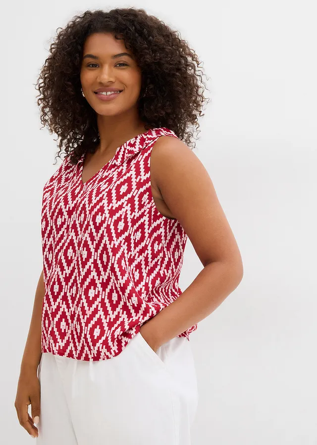 Blouse sans manches en viscose fluide, Couleur: rouge-rose fumé-rouge-blanc graphique