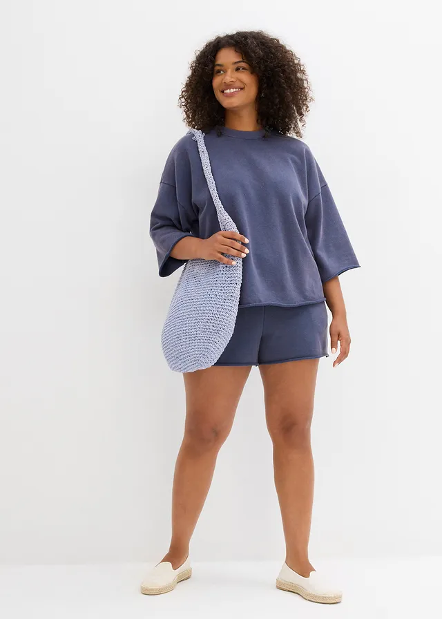 Short en molleton de coton mélangé, Couleur: bleu profond délavé