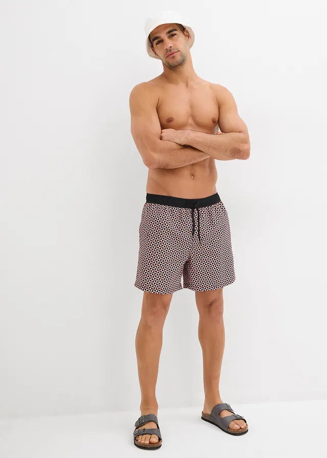 Short de bain homme, Couleur: rouge/blanc/noir graphique