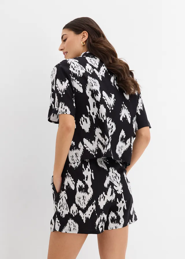 Chemisier en viscose avec imprimé ethnique, Couleur: noir/écru imprimé