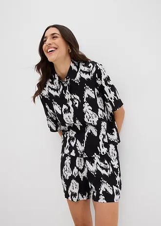 Viscose blouse met korte mouwen, Kleur: zwart-wolwit gedessineerd