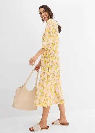 Jurk van gestructureerde crinkle, Kleur: wit-tulpengeel-mat pistache-lichtzalm-melba-lemon-mosgroen gebloemd