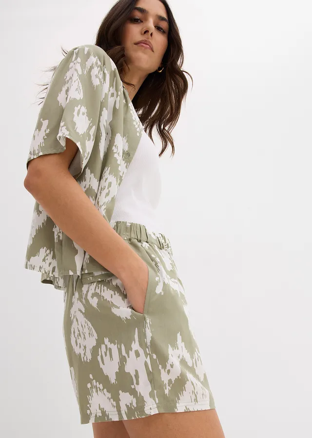 Short à taille élastiquée en viscose • gris vert/écru imprimé • product-page.page-title-suffix