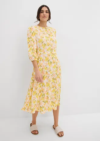 Jurk van gestructureerde crinkle, Kleur: wit-tulpengeel-mat pistache-lichtzalm-melba-lemon-mosgroen gebloemd