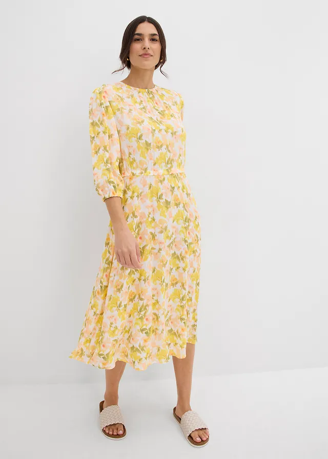 Jurk van gestructureerde crinkle • wit-tulpengeel-mat pistache-lichtzalm-melba-lemon-mosgroen gebloemd • product-page.page-title-suffix