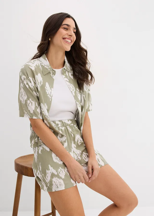 Short à taille élastiquée en viscose • gris vert/écru imprimé • product-page.page-title-suffix