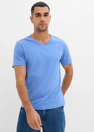 Lot de 3 T-shirts col V • bleu ciel + bleu foncé + bleu fumé • Boutique bonprix