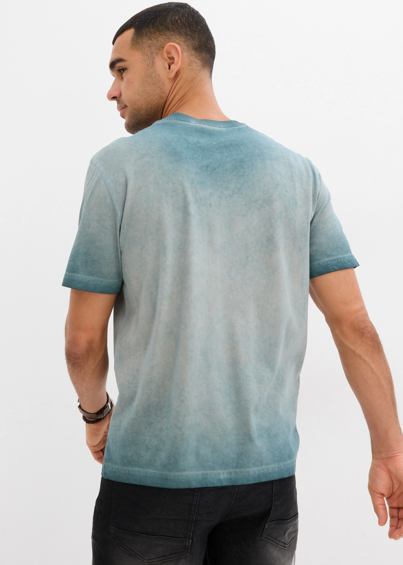 T-shirt aspect délavé en coton • gris vert imprimé • Boutique bonprix