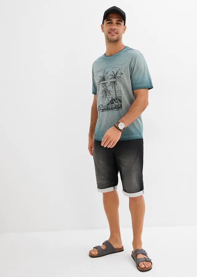 Tricou cu aspect prespălat din bumbac organic • gri-verde cu imprimeu • magazin bonprix