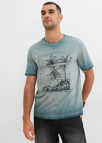 T-shirt in een verwassen look van biologisch katoen, Kleur: grijsgroen met print