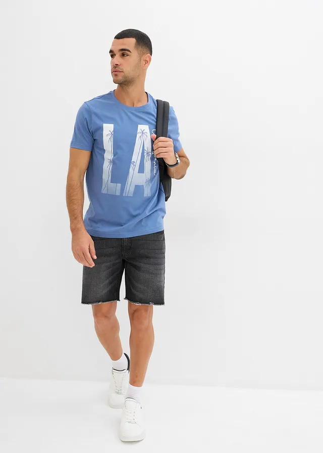 T-shirt Slim 100% coton, Couleur: bleu jean imprimé
