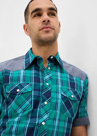 Košile s krátkým rukávem a džínovou aplikací • zeleno-modrá kostkovaná • bonprix obchod