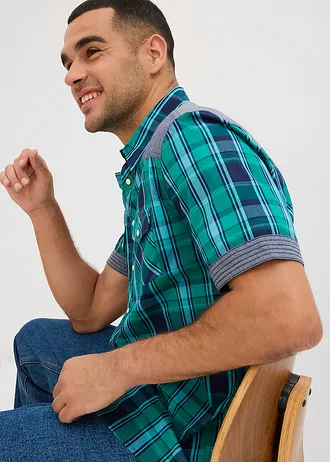 Košile s krátkým rukávem a džínovou aplikací • zeleno-modrá kostkovaná • bonprix obchod