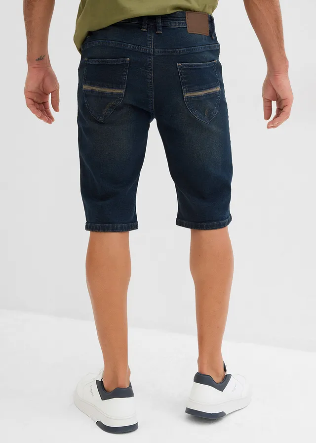 Bermuda en jean extensible, slim, Couleur: bleu/beige
