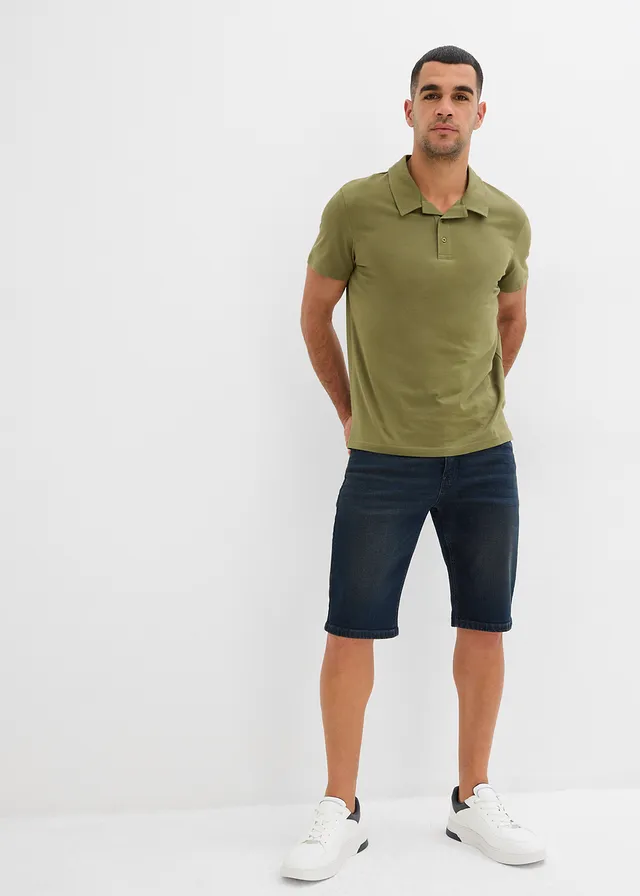 Bermuda en jean extensible, slim, Couleur: bleu/beige