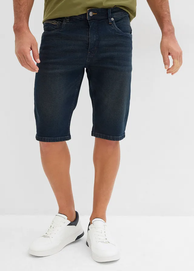 Bermuda en jean extensible, slim, Couleur: bleu/beige