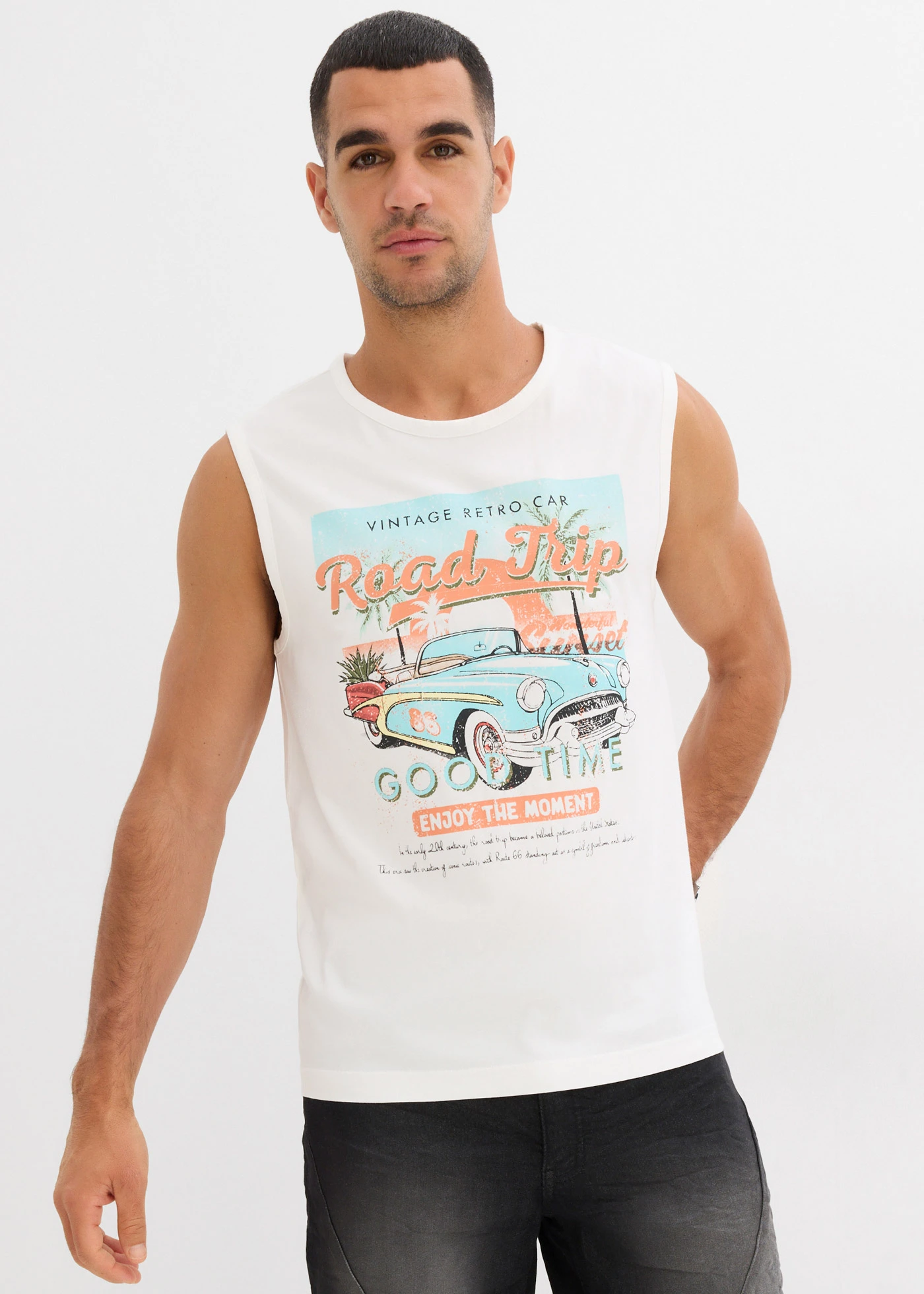 Muscle shirt in gewassen look (set van 2) • donkerblauw+wit met print • bonprix online shop