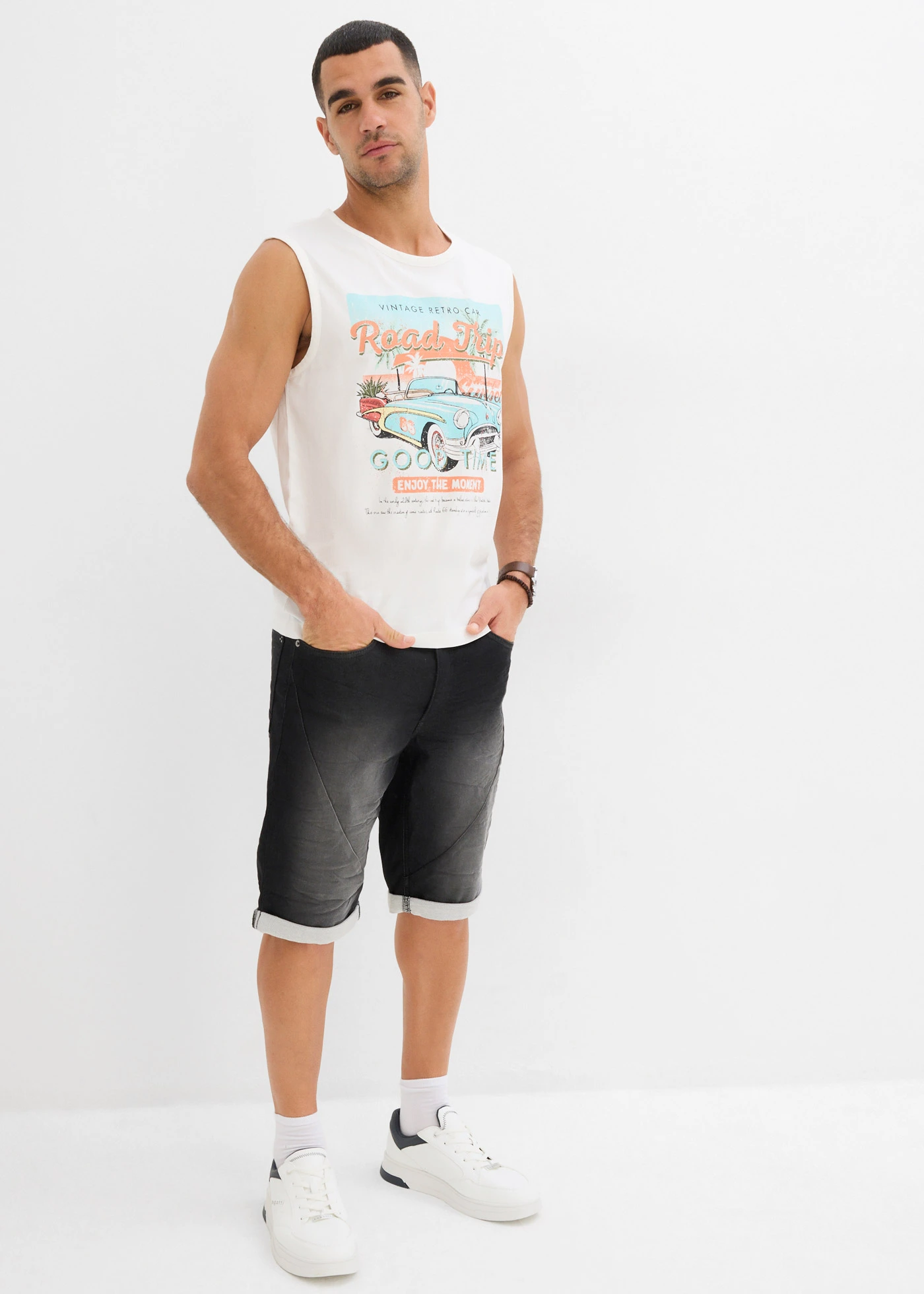 Muscle shirt in gewassen look (set van 2) • donkerblauw+wit met print • bonprix online shop