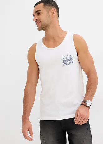 Tank top (3 szt.) • biały+indygo+szary melanż, z nadrukiem • sklep bonprix